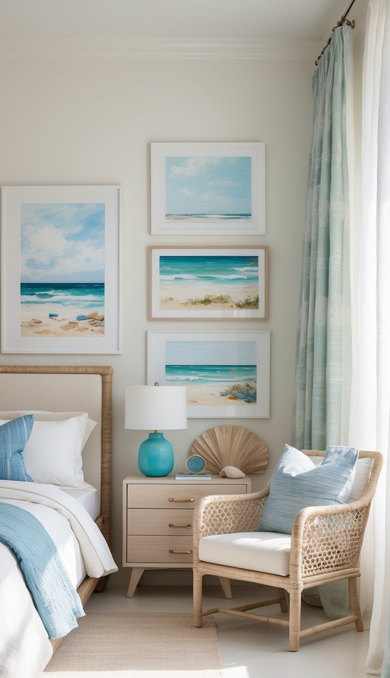 A coastal-themed bedroom with a beige bed, blue pillows, and a matching throw. There's a light wooden nightstand with a blue lamp, a decorative fan, and books. A wicker chair with a blue pillow sits nearby. Three ocean-themed paintings hang on the wall, and light blue curtains frame the window.