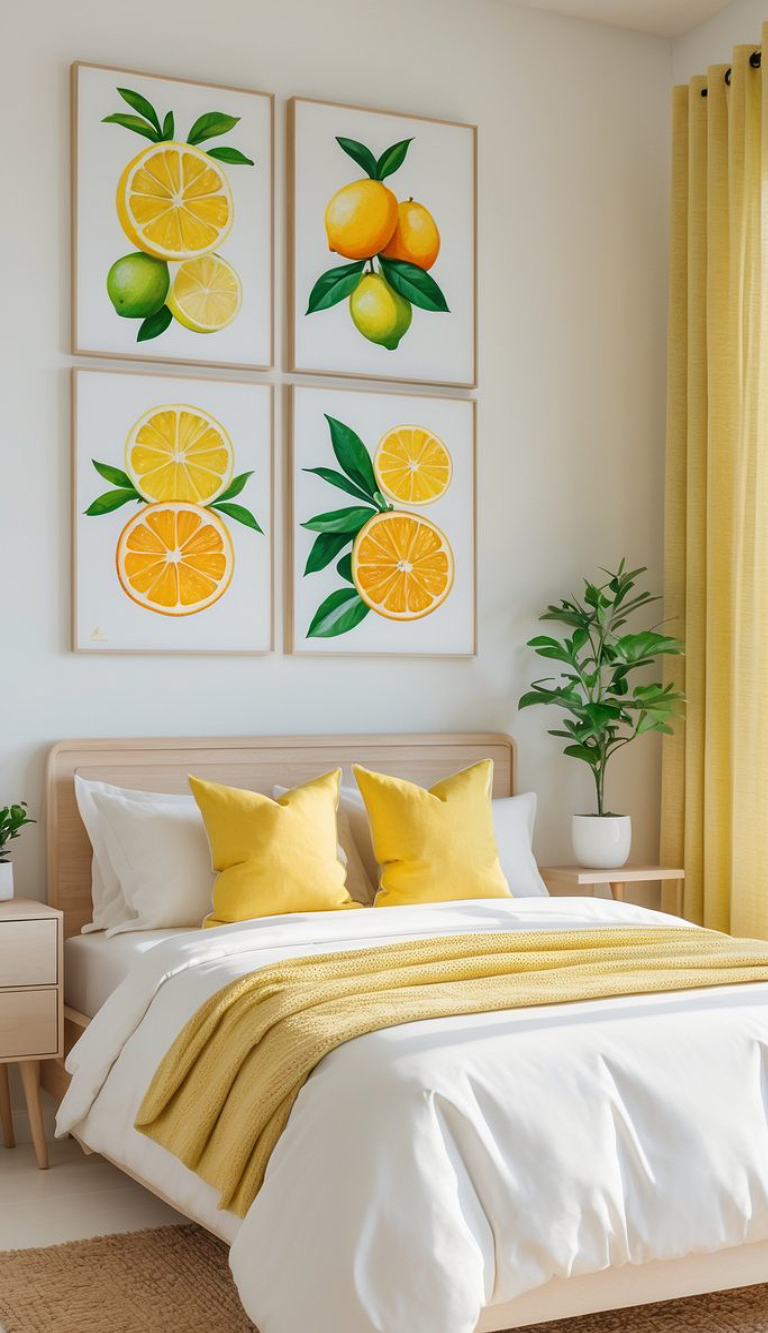 A bright bedroom interior featuring a bed with white linens and yellow pillows, a yellow throw blanket, and colorful citrus fruit artwork on the wall. The room includes a small plant on a table and yellow curtains, creating a cheerful and lively atmosphere.