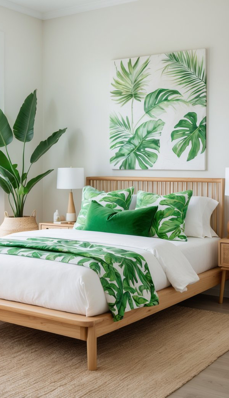 A bedroom with a minimalist design featuring a wooden bed with white and green tropical-themed bedding. A large plant stands beside the bed, and a painting of green leaves hangs above the headboard. The room includes a light wooden nightstand with a lamp and a woven basket for decoration.