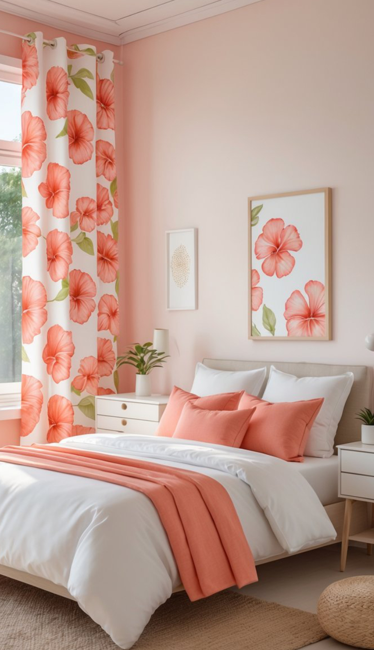 A bedroom with peach-colored walls featuring a bed adorned with coral pillows and a matching throw. The room is decorated with floral curtains displaying orange hibiscus flowers and a framed floral print on the wall. A small plant sits on a white nightstand next to the bed.