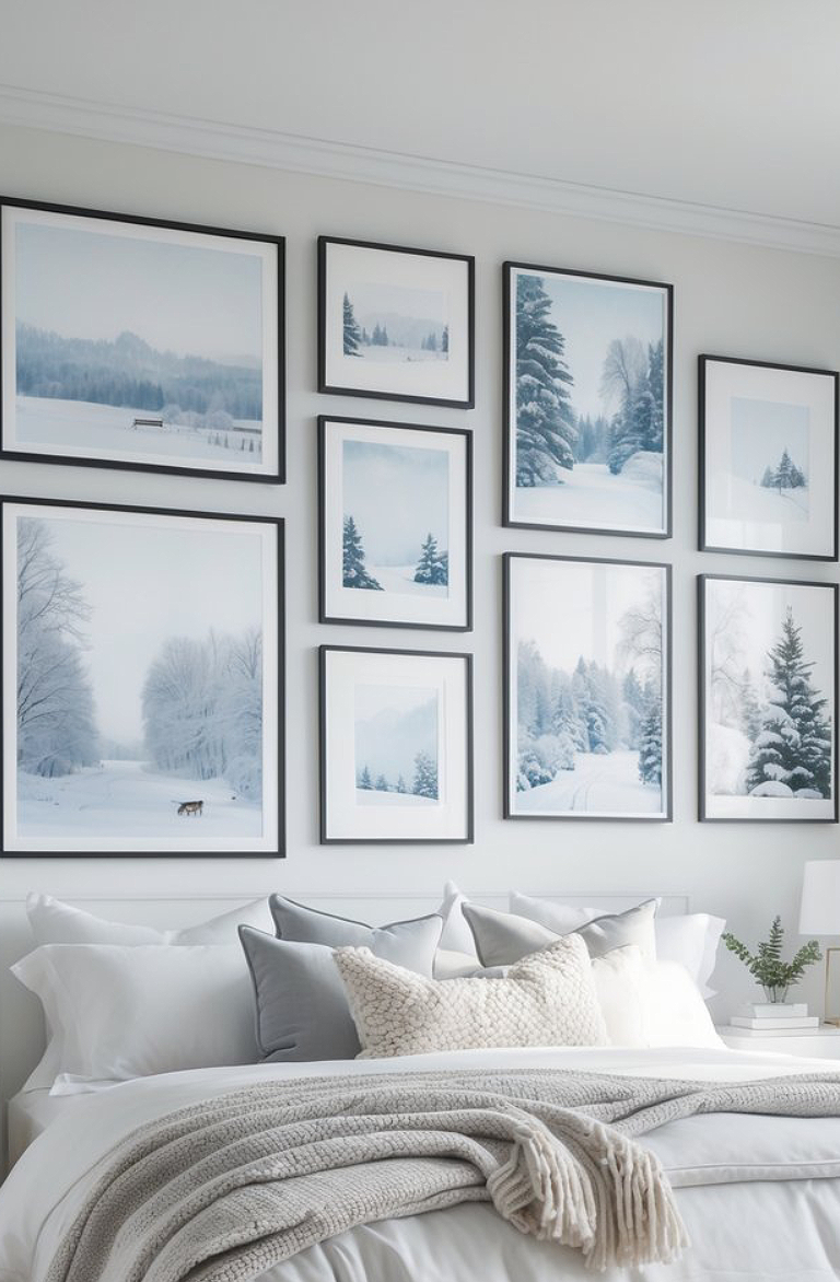A bedroom with a cozy white and gray bed, adorned with pillows and a textured throw, beneath a wall of framed winter landscape photographs. The images depict snowy scenes with trees and open fields, arranged in a neat grid pattern.