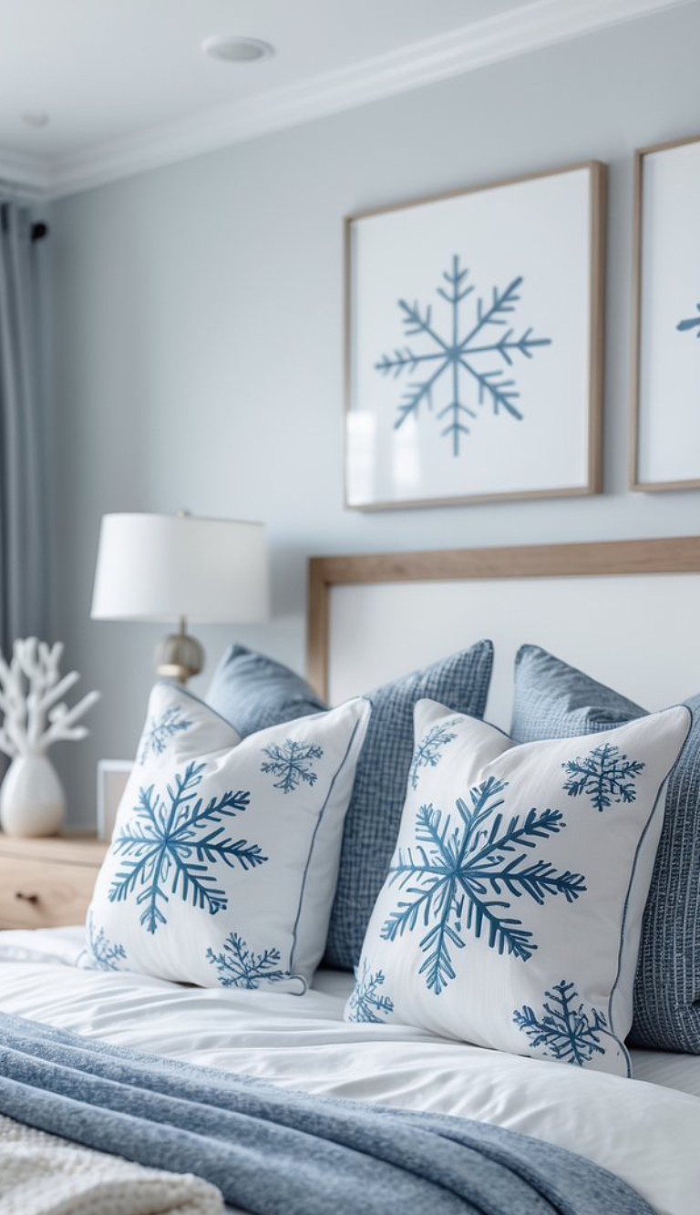 A bedroom featuring pillows and wall art with snowflake designs, a wooden headboard, and a bedside lamp, all in a blue and white color scheme.