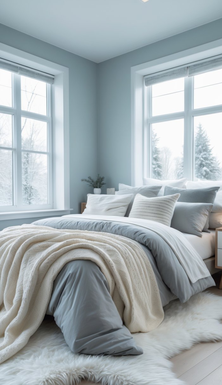 A cozy bedroom with a neatly made bed featuring soft white and gray bedding, large pillows, and a thick knitted blanket. The room is painted in a light gray color with large windows showing a snowy landscape outside, creating a serene and peaceful atmosphere.