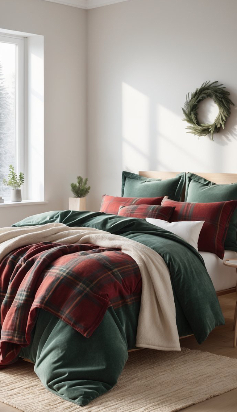 A cozy bedroom with a neatly made bed featuring red and green plaid bedding, cream-colored blanket, and green pillows. The room is adorned with a simple pine wreath on the wall, and potted plants near a window letting in natural light.