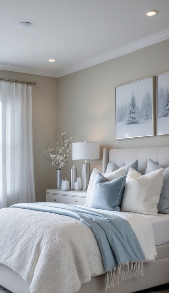 A serene bedroom featuring a plush bed with white and blue bedding, a tufted headboard, and decorative pillows. A bedside table holds a lamp and decorative vases, while the wall is adorned with framed winter landscape prints. Soft natural light filters through sheer curtains.