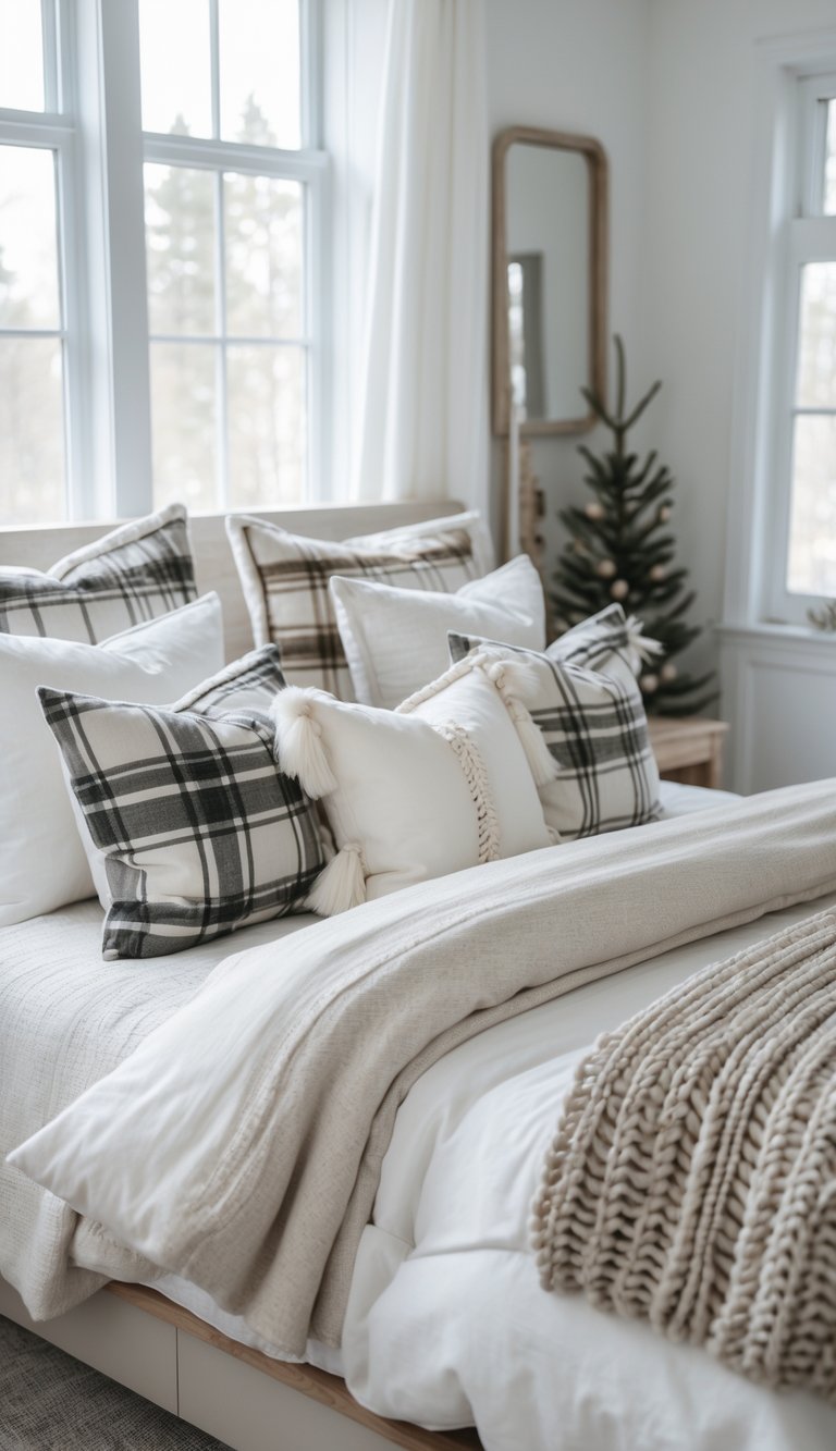 A cozy bedroom with plaid and tasseled cushions on a neatly made bed, featuring a knit throw blanket and soft neutral bedding, beside a window and a small potted evergreen tree.
