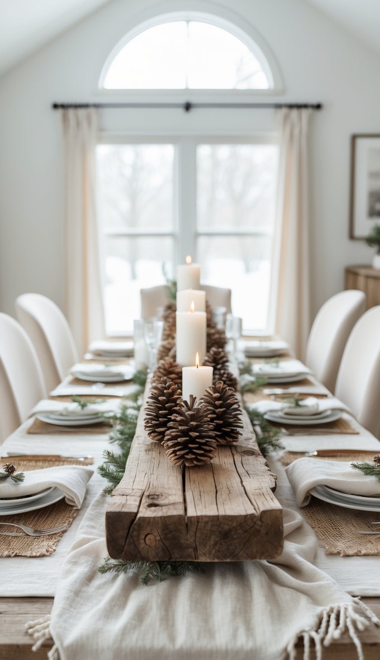 A dining table styled with a rustic wooden centerpiece holding large pine cones and white candles, surrounded by a festive arrangement of greenery, set against the backdrop of a bright window with sheer curtains.