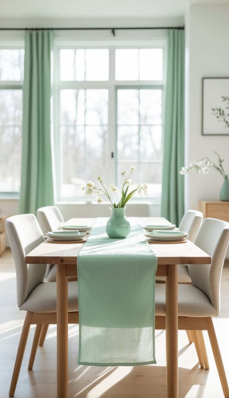 A modern dining room with a wooden table set for four, featuring a green table runner and a matching vase with white flowers. The room is brightened by large windows with green curtains, and light-colored chairs surround the table.