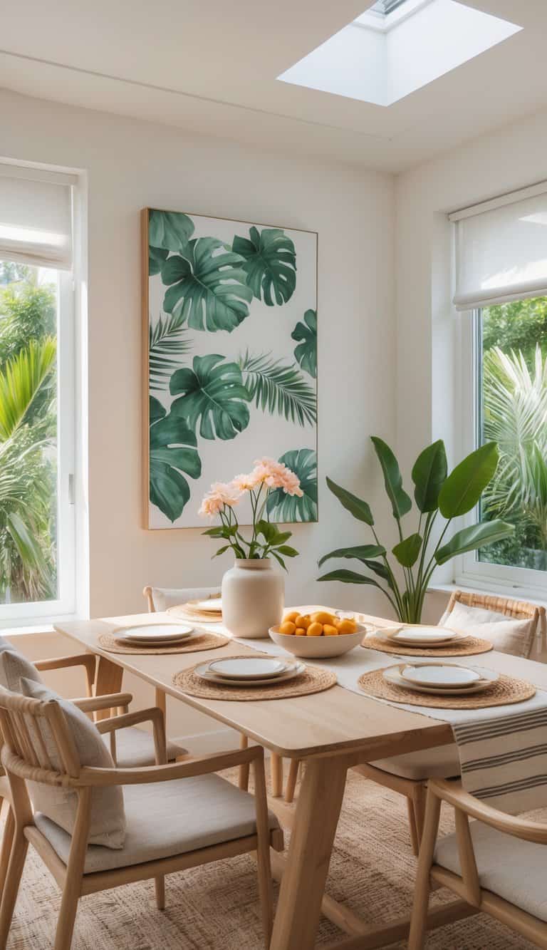 A dining room with a wooden table set for four, featuring woven placemats and white plates. A large vase with pink flowers, a bowl of oranges, and a large plant add decor. A framed artwork of green tropical leaves hangs on the wall, and large windows with blinds are on two sides of the room, allowing natural light to fill the space.