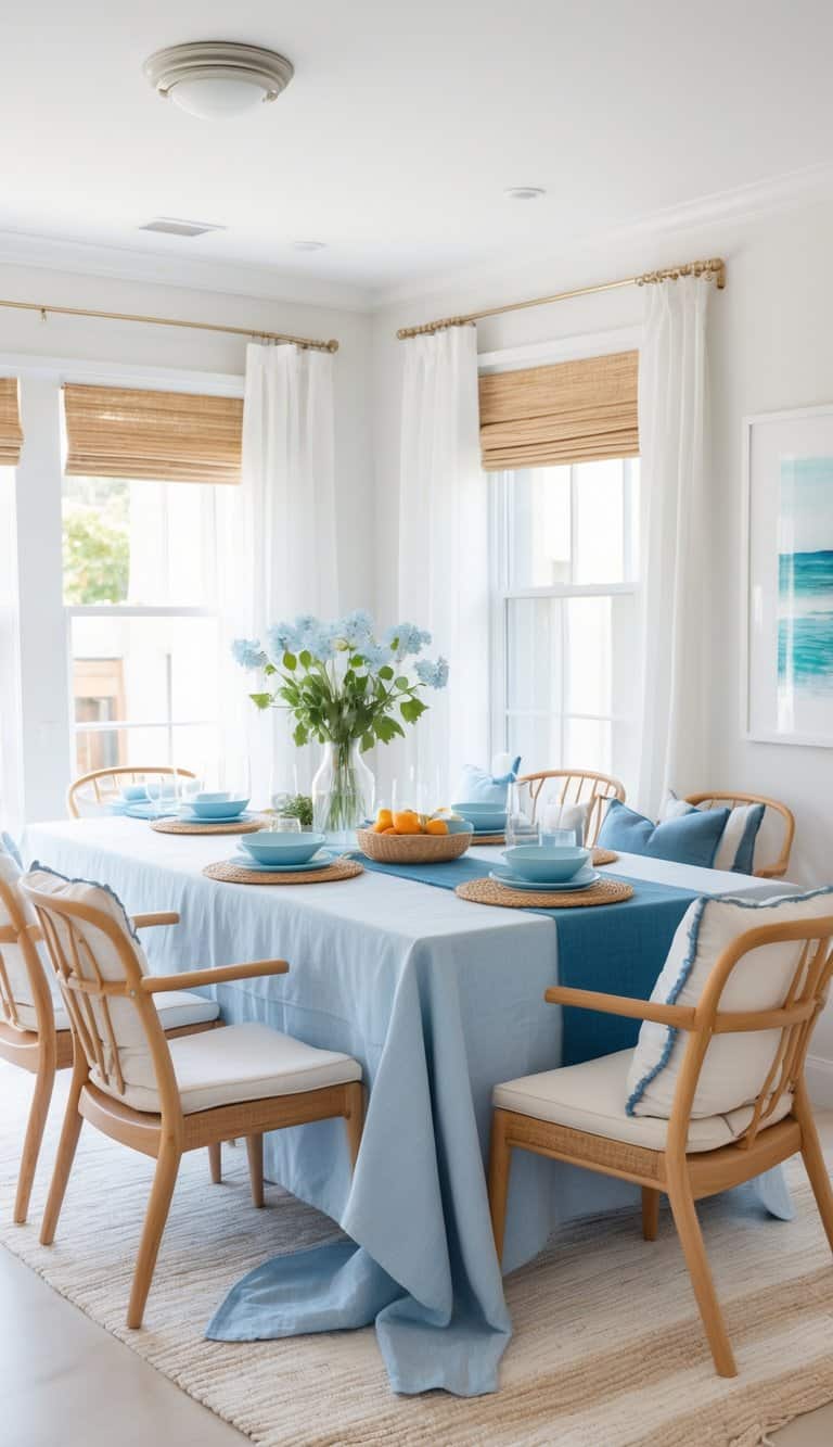 A bright dining room with a table covered in a light blue tablecloth, set with blue plates and a basket of oranges. A vase with light blue flowers is the centerpiece. Wooden chairs with white cushions surround the table. The room has white curtains, bamboo blinds, and a light wall color.