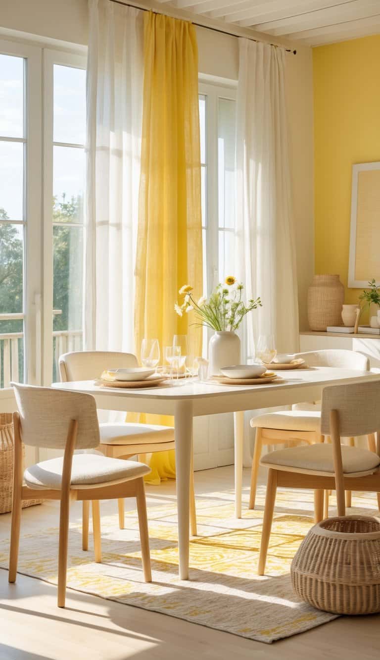 A bright dining room featuring a white table set with plates and glasses, surrounded by light-colored chairs. The room is accented by yellow and white curtains, matching the sunny decor and a vase with flowers. Sunlight filters through large windows, enhancing the cheerful ambiance.