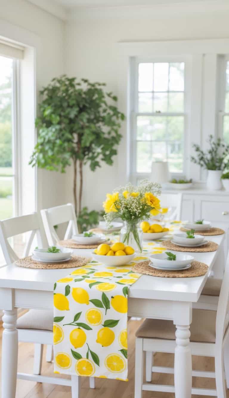 A bright dining room with a table set for six, adorned with a lemon-themed table runner and a bowl of fresh lemons. The table also features a glass vase with yellow flowers and white tableware on woven placemats. A large plant is visible near the windows, and the room is filled with natural light.