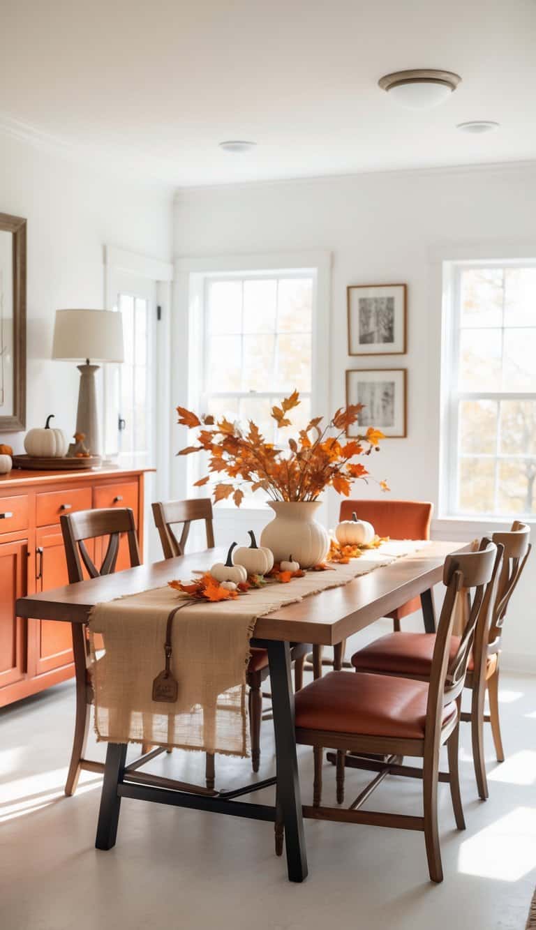A dining room decorated for autumn, featuring a wooden table with an orange table runner and centerpiece of orange leaves in a white vase. Mini white pumpkins are placed along the table. The room has warm lighting, orange chairs, and a sideboard decorated with additional pumpkins.
