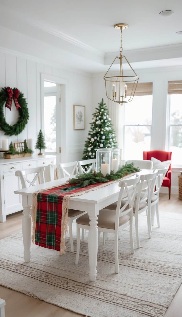 A cozy dining room decorated for Christmas with a white table and chairs. The table has a red and green plaid runner with greenery and candles. A Christmas tree is visible in the background, adorned with ornaments. A wreath hangs on the white wall, and there's a red armchair beside the window.