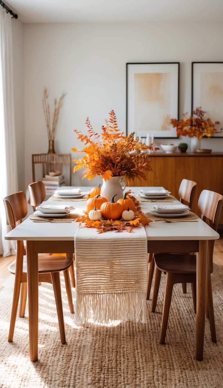 A dining table set for autumn with a white table runner, small pumpkins, and a vase of orange and yellow foliage as a centerpiece. The table is surrounded by wooden chairs, and there are two framed artworks on the wall in the background, along with additional autumn decor on a sideboard.