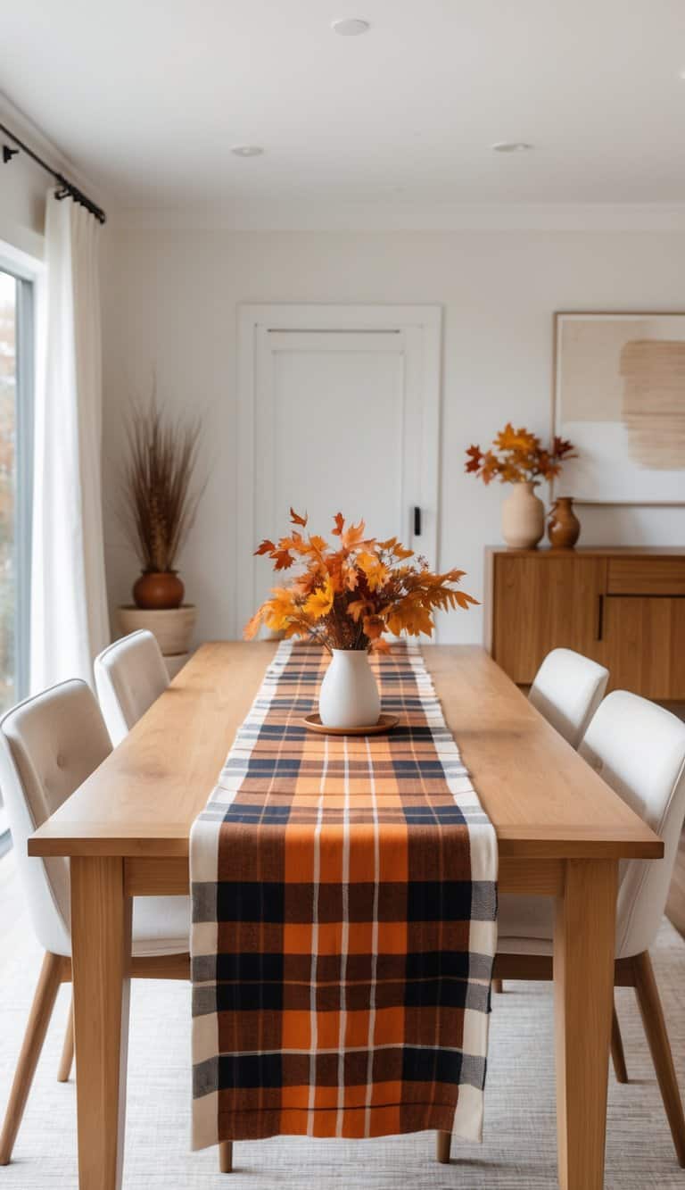 A dining table set with white chairs and a centerpiece featuring a vase with orange autumn leaves. The table is decorated with a plaid table runner in shades of orange, brown, and white. The background shows minimalistic decor with a sideboard and framed artwork.