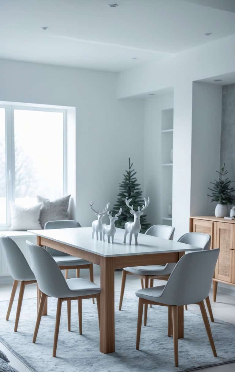 A modern dining room with a wooden table set for six, featuring white chairs and decorative white reindeer figurines as a centerpiece. The room is brightly lit by a large window and decorated with small evergreen trees.
