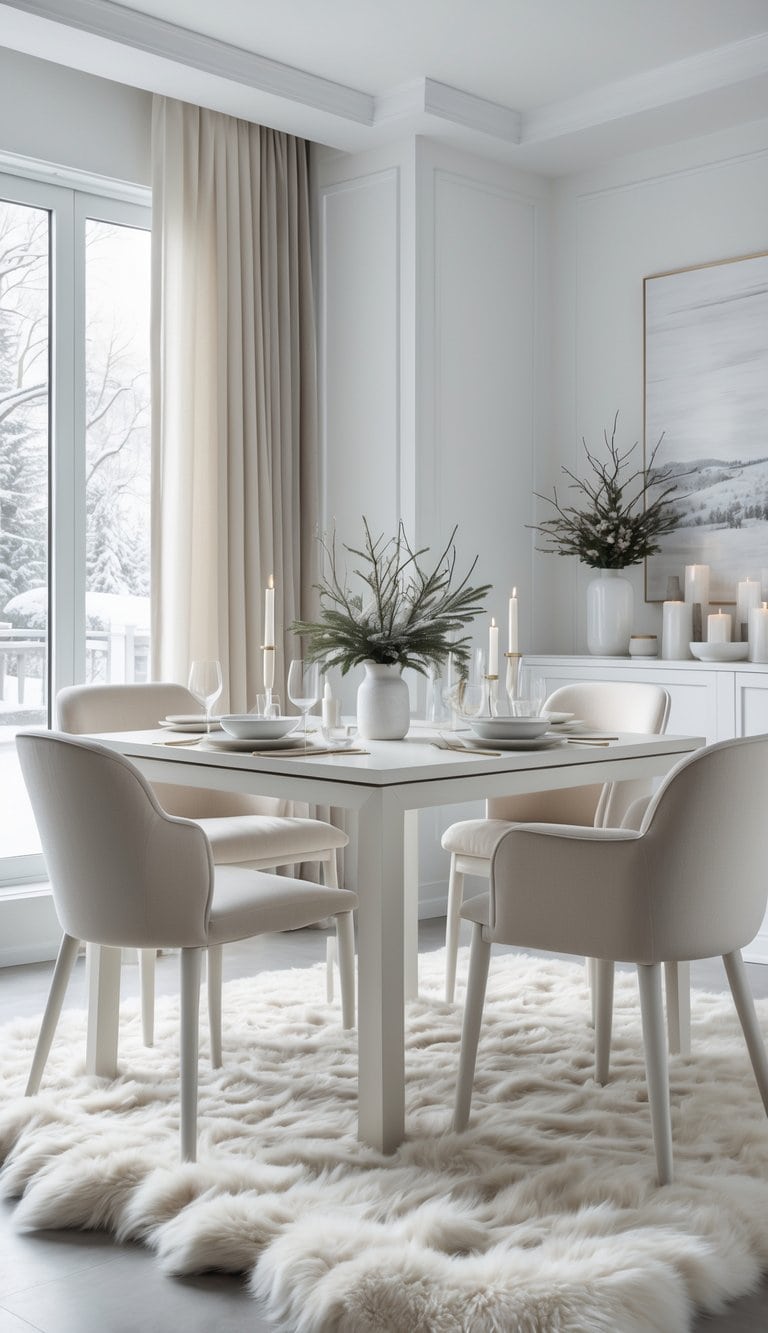 A white dining room with a minimalist table set for four, featuring cushioned chairs, a vase with greenery as a centerpiece, and candles on the table. The room has a fluffy white rug and a large window with sheer curtains overlooking a snowy landscape.