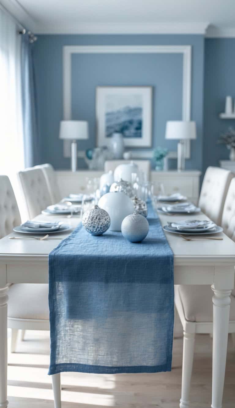 Elegantly set dining table with a blue table runner, white and blue decorative spheres, and neatly arranged tableware in a light-filled room with blue walls and framed artwork.