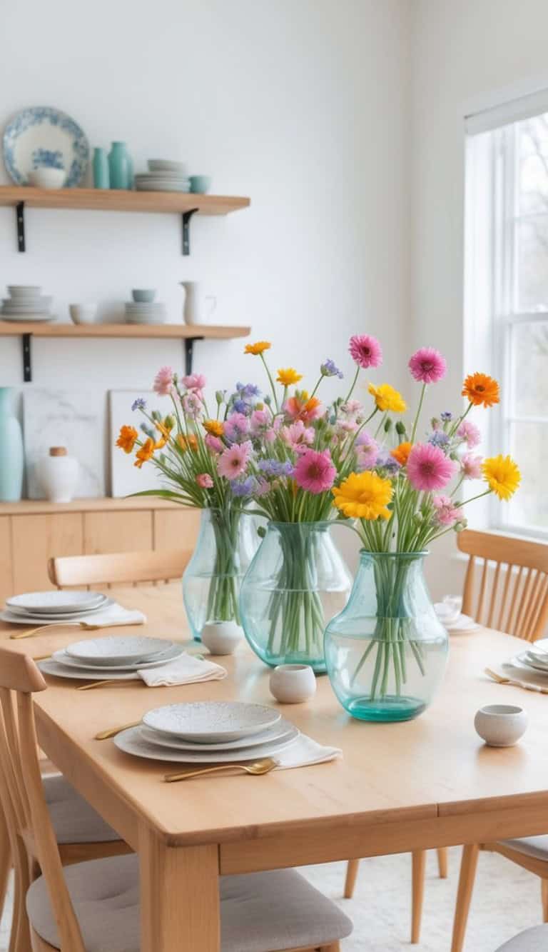 A dining room table set with ceramic plates, napkins, and cutlery, featuring three vases filled with vibrant multi-colored flowers. The room has light wooden furniture and shelves displaying decorative ceramics against a white wall.