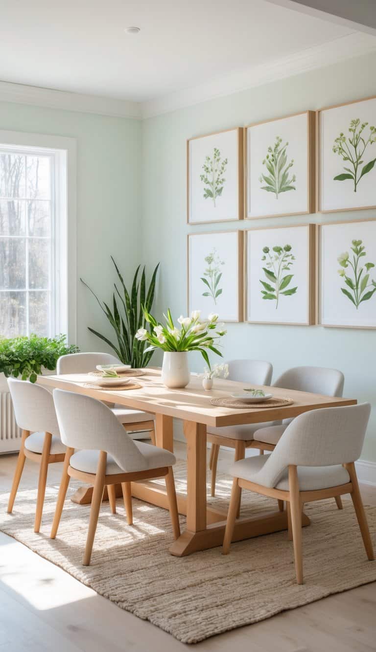 A dining room with a light wooden table and six upholstered chairs, decorated with a vase of white flowers. The room features light green walls adorned with botanical prints and is illuminated by natural light from a large window. A potted plant and a textured beige rug complete the setting.