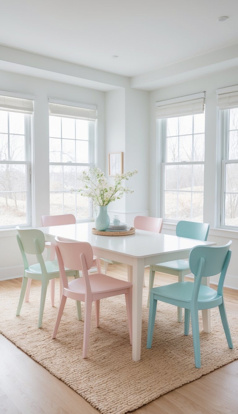 A dining area with a white table surrounded by pastel-colored chairs in blue, pink, and green. The table is decorated with a vase of flowers. Large windows provide natural light, and a beige rug covers the floor.