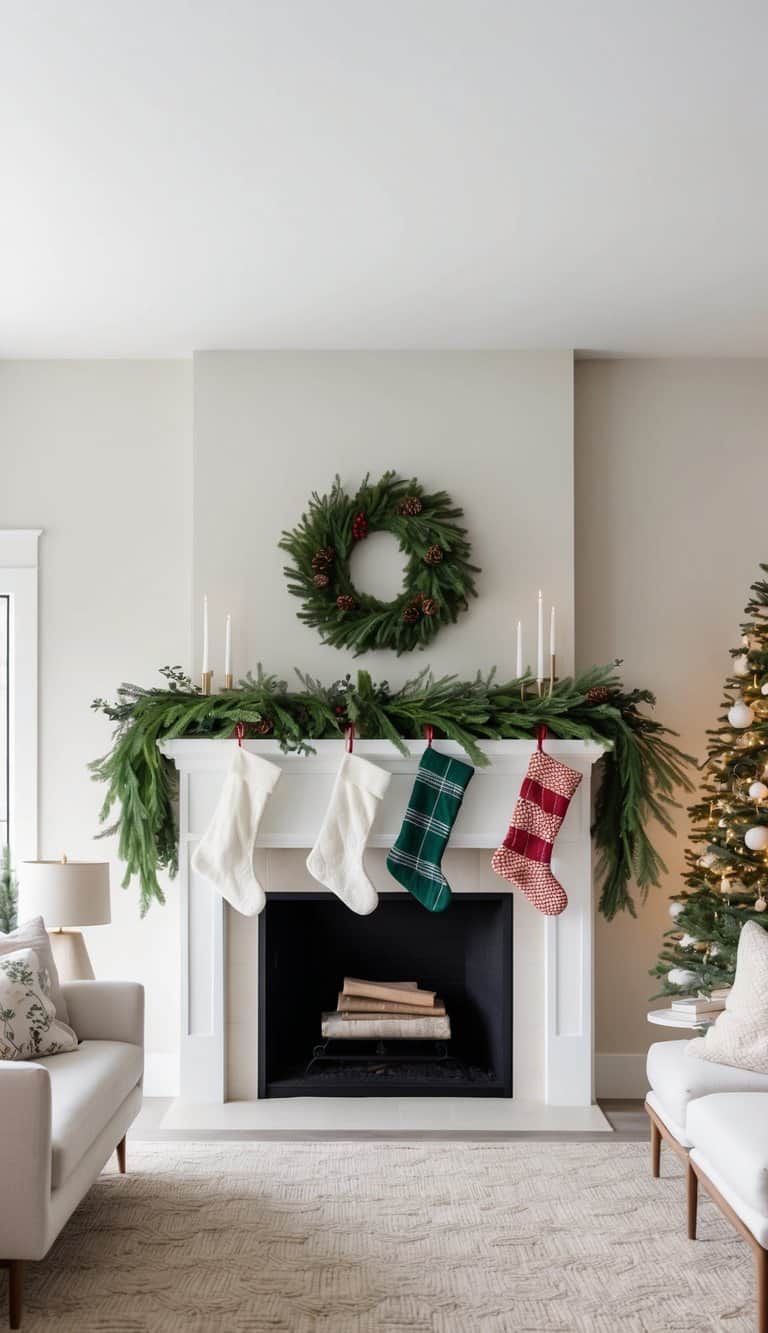 A festive fireplace mantle adorned with a classic greenery garland and stockings
