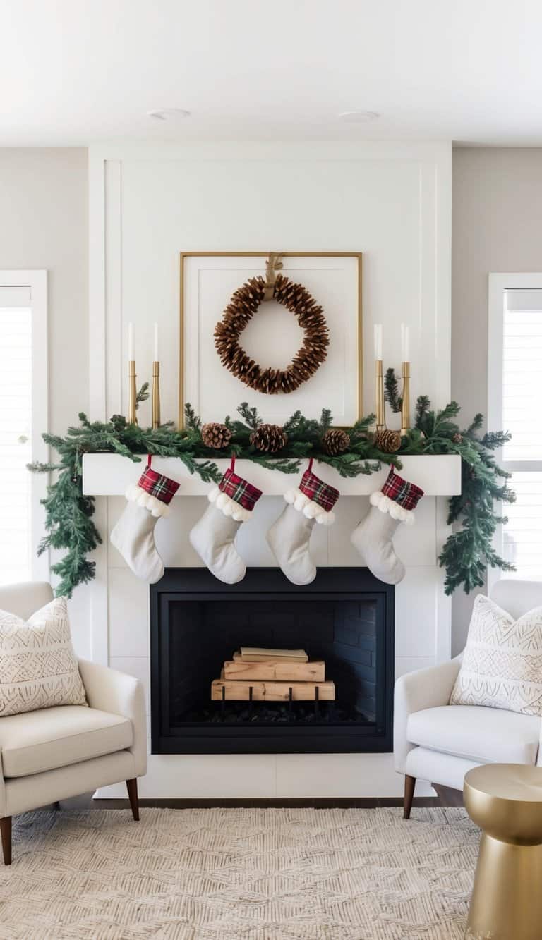 A cozy fireplace adorned with pinecone accents, garlands, and stockings for a festive Christmas mantel display