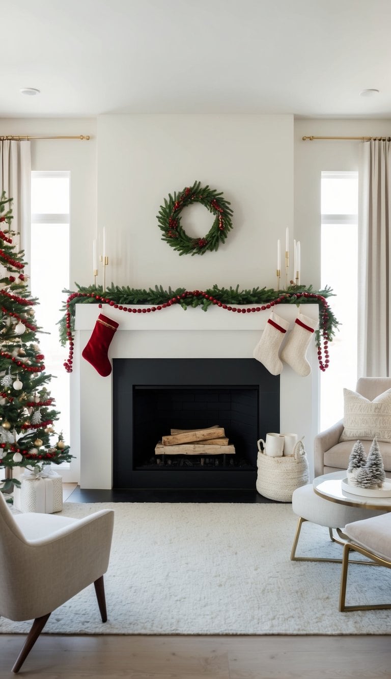 A fireplace adorned with a festive bead garland, stockings, and other Christmas decorations