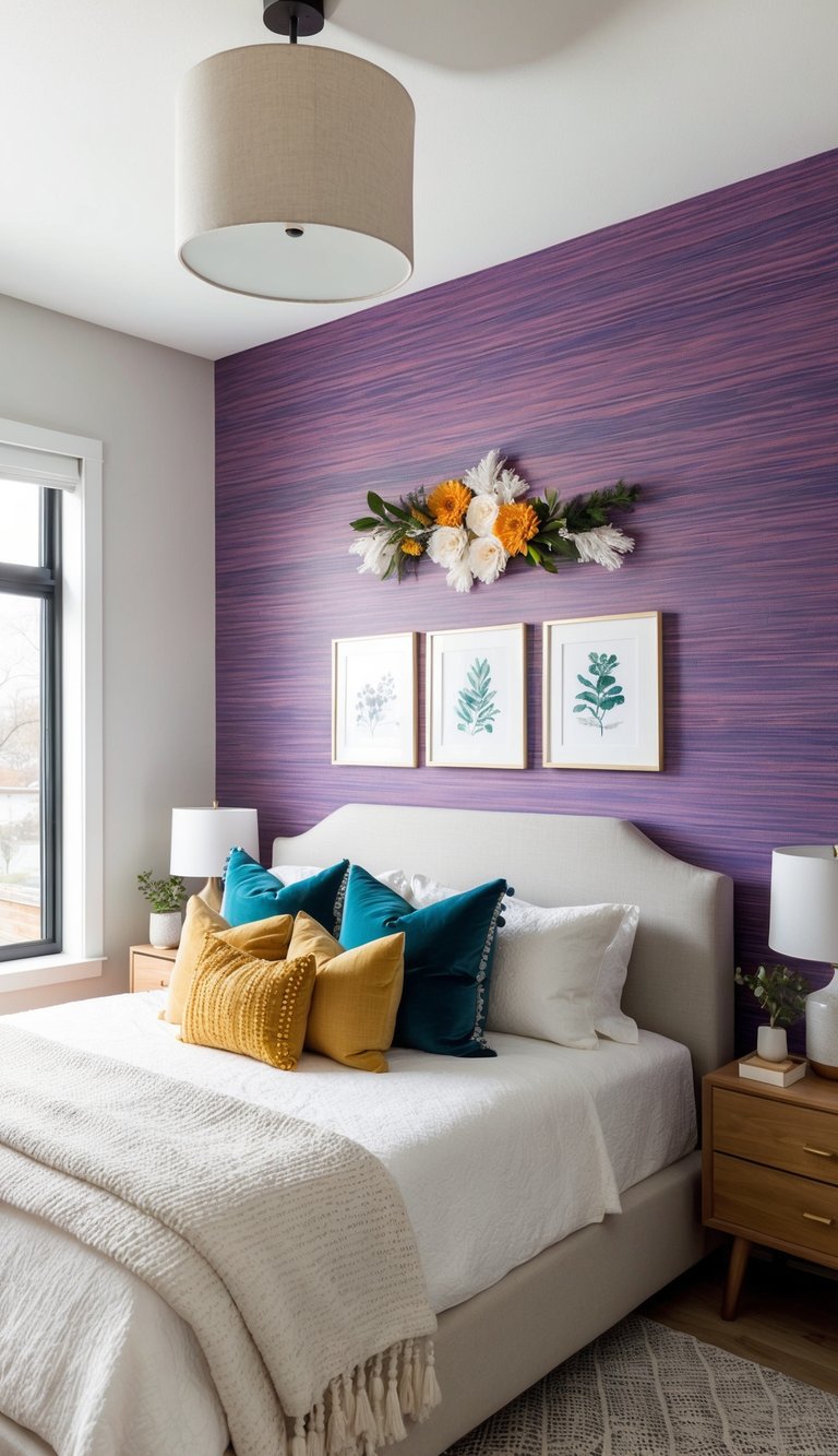 A vibrant accent wall in a cozy bedroom, with seasonal decor changing throughout the year