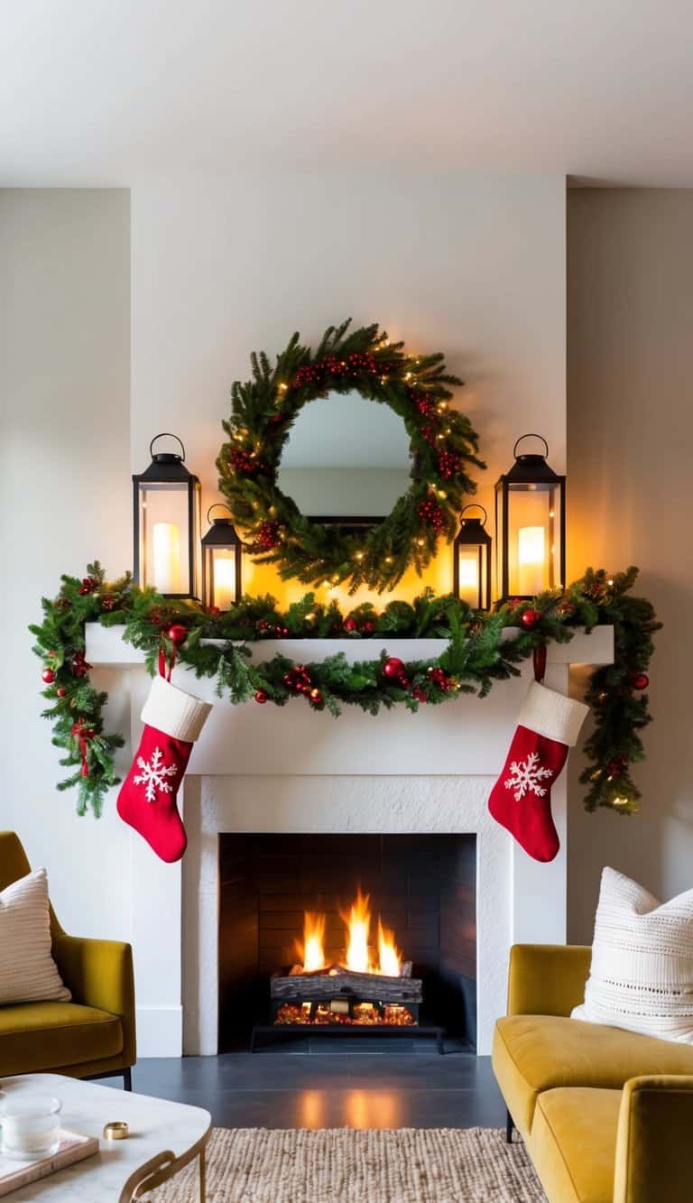 Colorful garlands and stockings adorn a festive fireplace mantel, with glowing lanterns adding a warm holiday glow