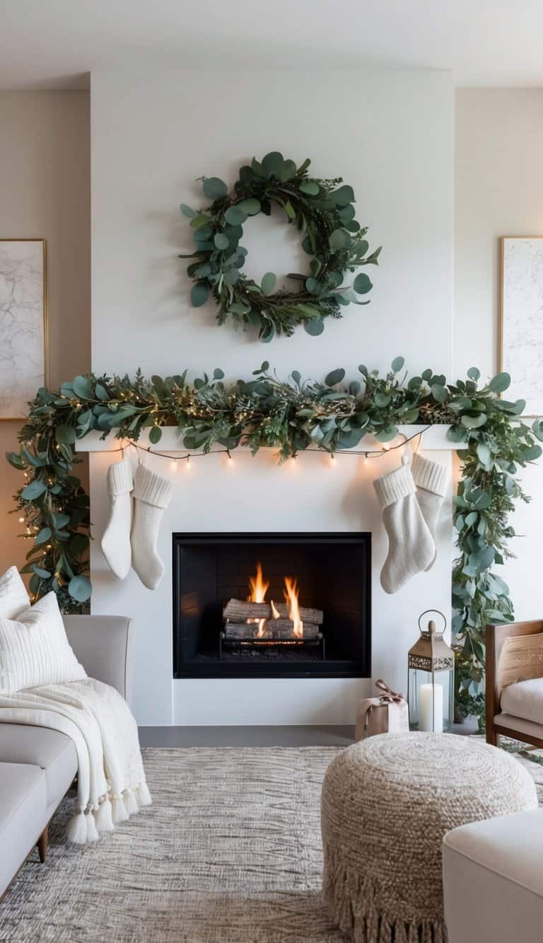 A cozy fireplace adorned with a lush eucalyptus garland, festive stockings, and twinkling lights