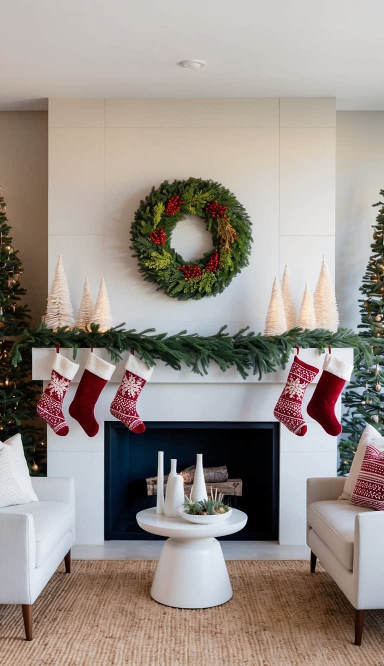 A festive wreath centerpiece adorns a Christmas mantel, surrounded by garlands and stockings, creating a joyful holiday display