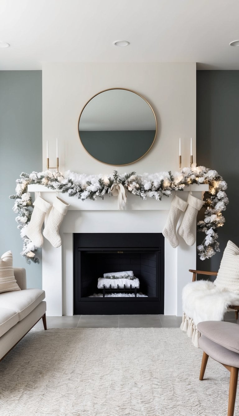 A cozy fireplace mantel adorned with fluffy white faux snow, festive garlands, and stockings
