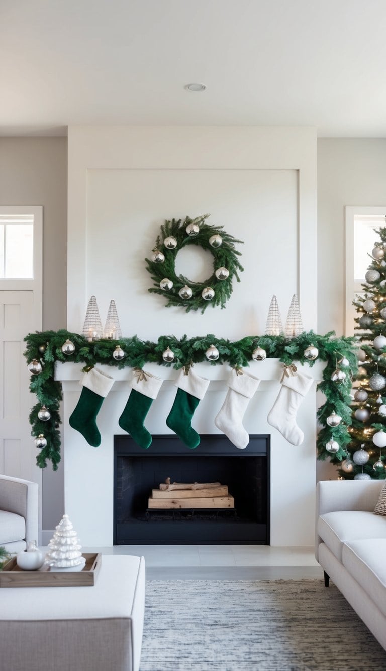 A fireplace adorned with silver bell accents, garlands, and stockings for a festive Christmas mantel display