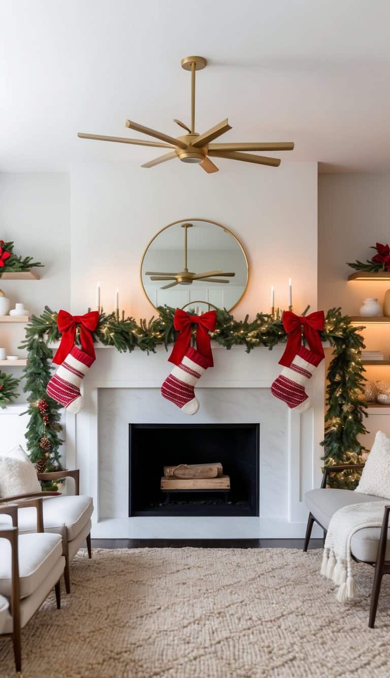 A cozy fireplace mantel adorned with festive garlands, red bows, and stockings