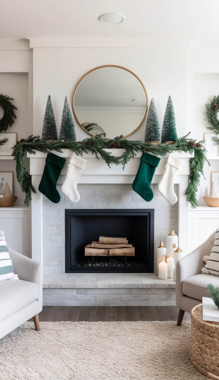 A cozy fireplace mantel adorned with garlands, stockings, and bottle brush trees for a festive Christmas display