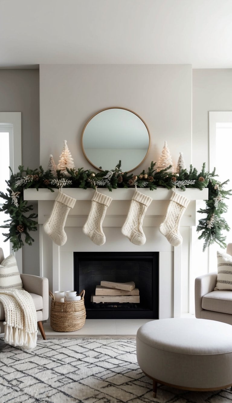 A cozy fireplace mantel adorned with Nordic knit stockings and festive garlands