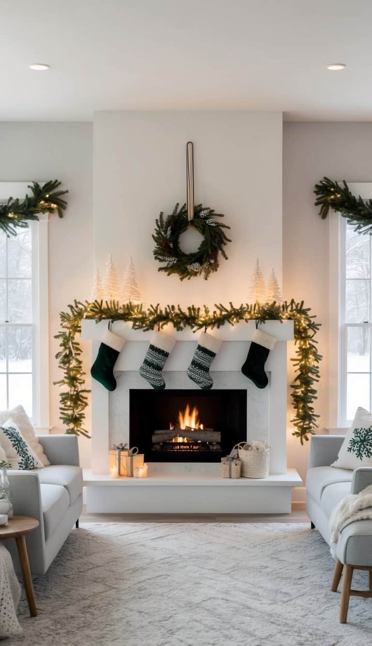 A cozy fireplace adorned with festive garlands, stockings, and twinkling lights, creating a winter wonderland theme