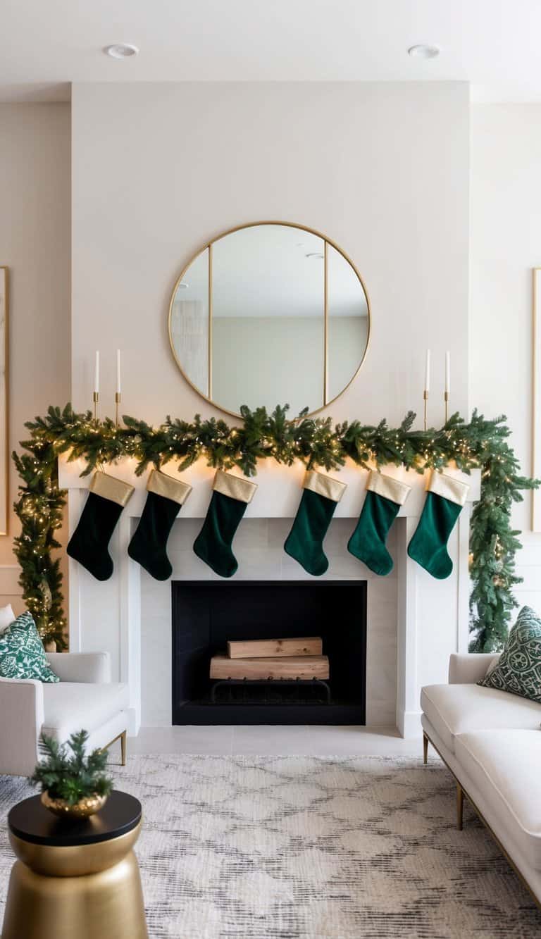 A festive fireplace mantel adorned with green and gold garlands, stockings, and twinkling lights