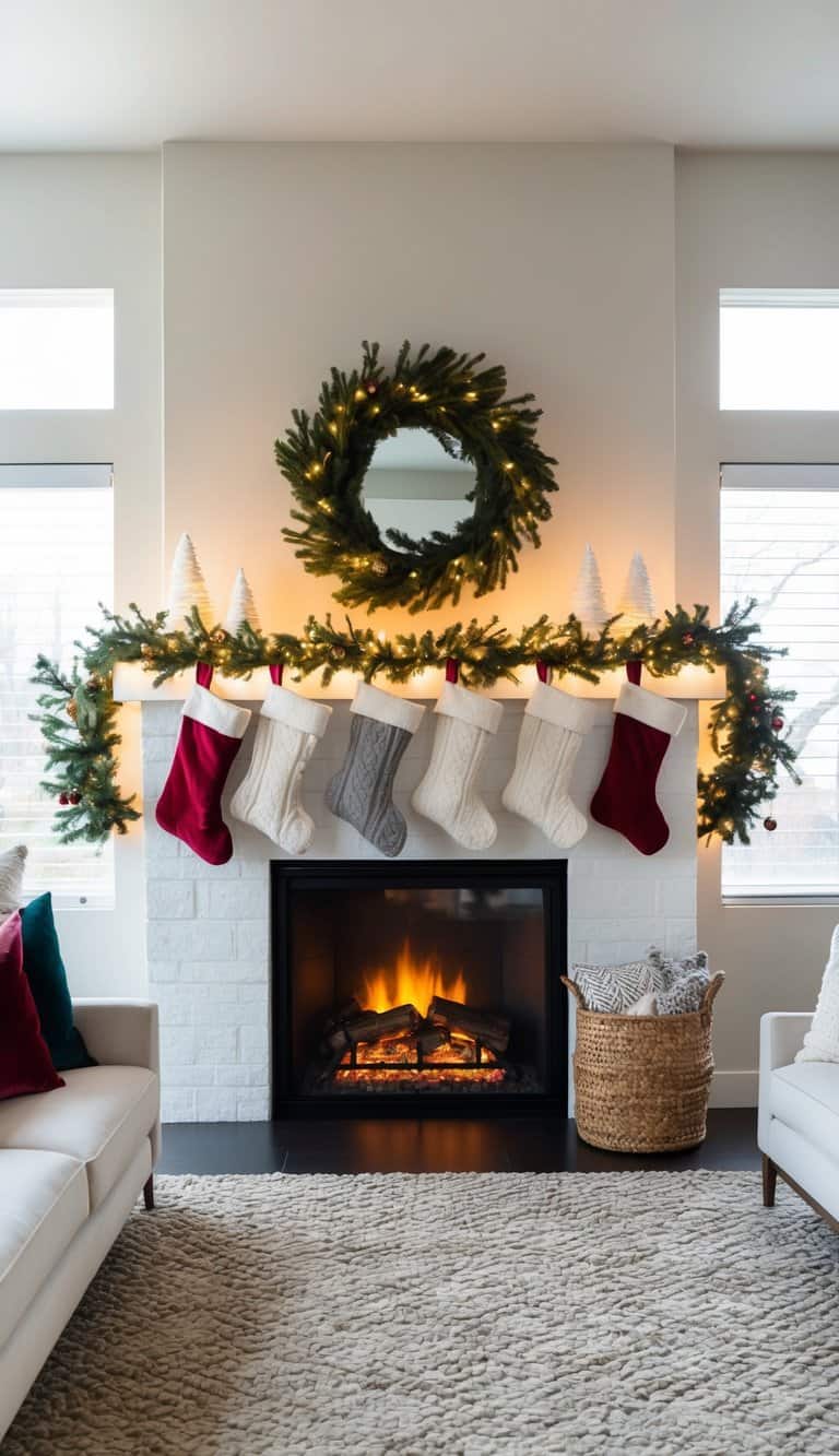 A cozy fireplace mantel adorned with festive garlands, stockings, and warm LED lights