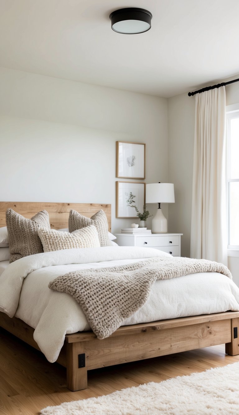 A cozy bedroom with layered textures: a fluffy comforter on a rustic wooden bed, knit throw pillows, and a soft shag rug on hardwood floors