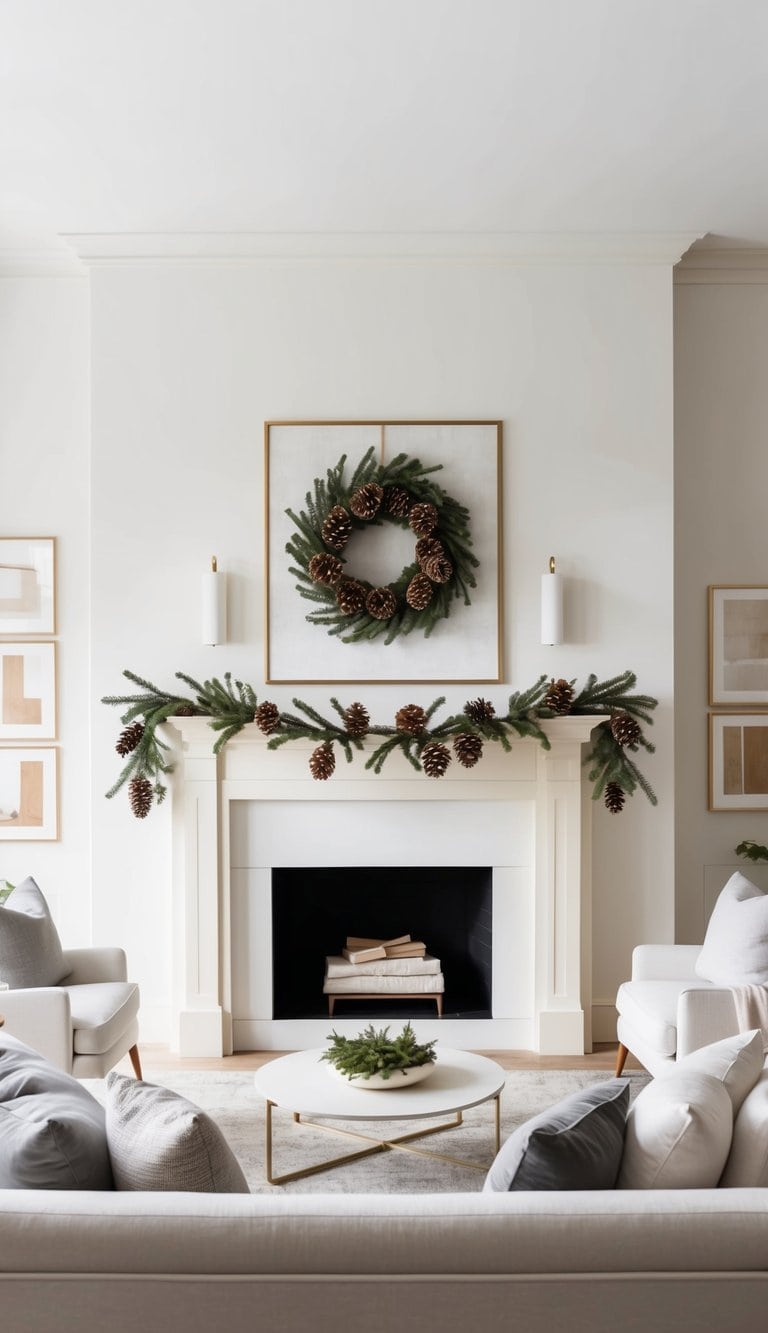 A minimalist garland with pinecones draped over a creamy white mantle