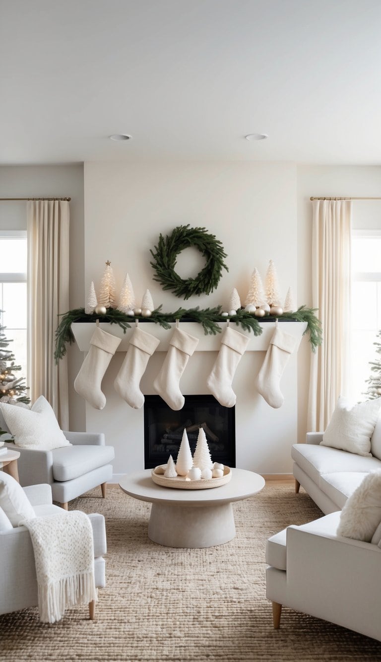 A cozy living room with light beige stockings hanging from a mantel, surrounded by neutral Christmas decor in creamy whites