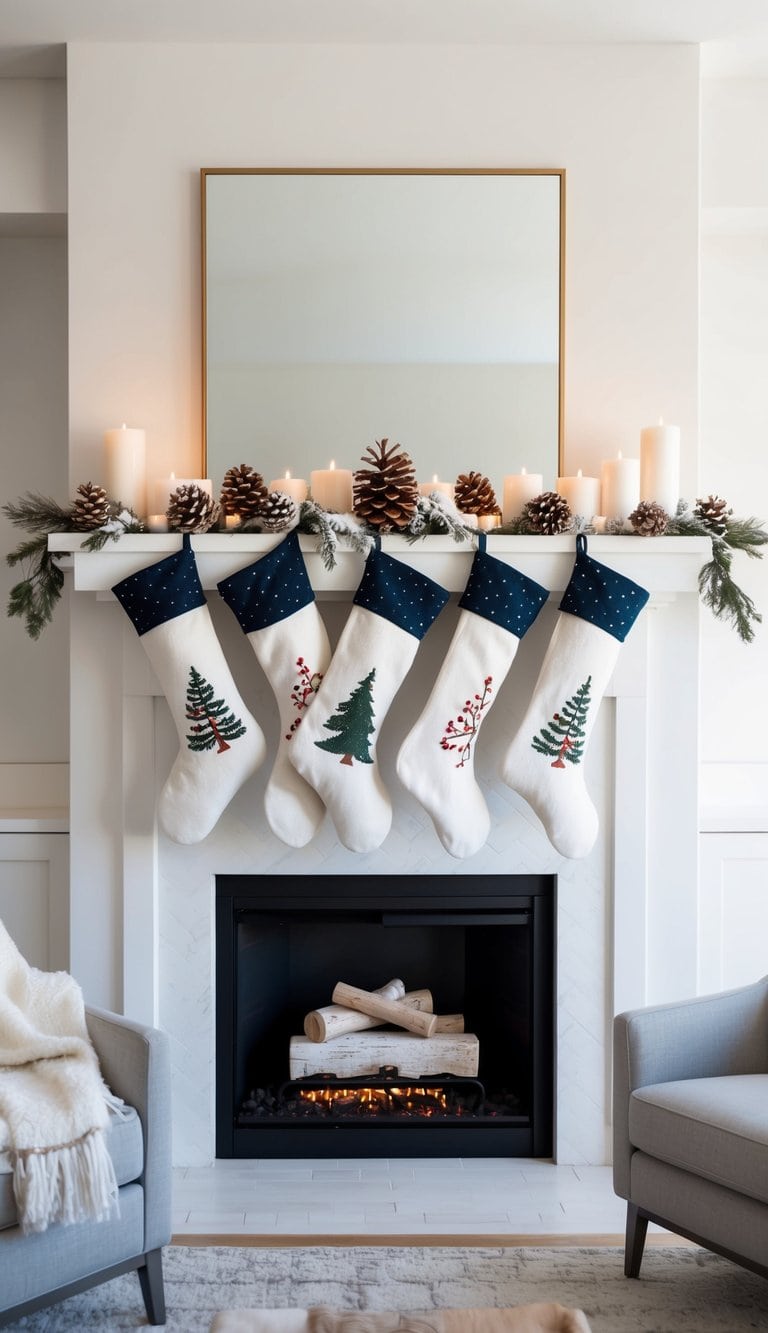 Stockings with winter motifs hang from a mantel adorned with pinecones, faux snow, and candles