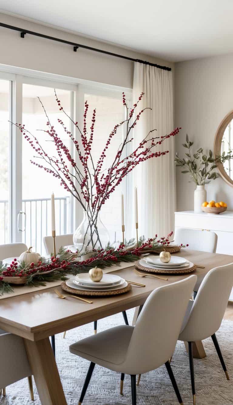 A dining room table adorned with foraged berry branches and seasonal decor