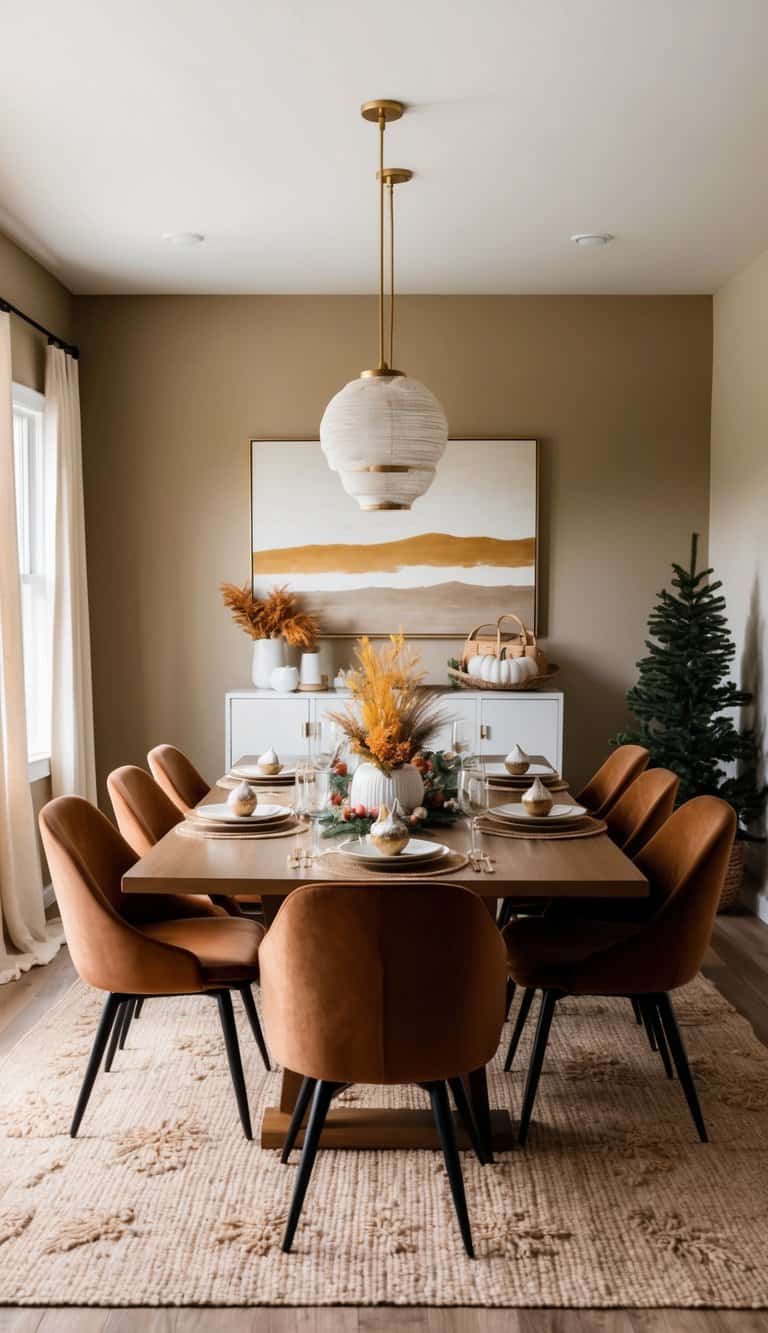 A dining room with warm, earthy tones and seasonal decor. A table set with festive centerpieces and seasonal accents
