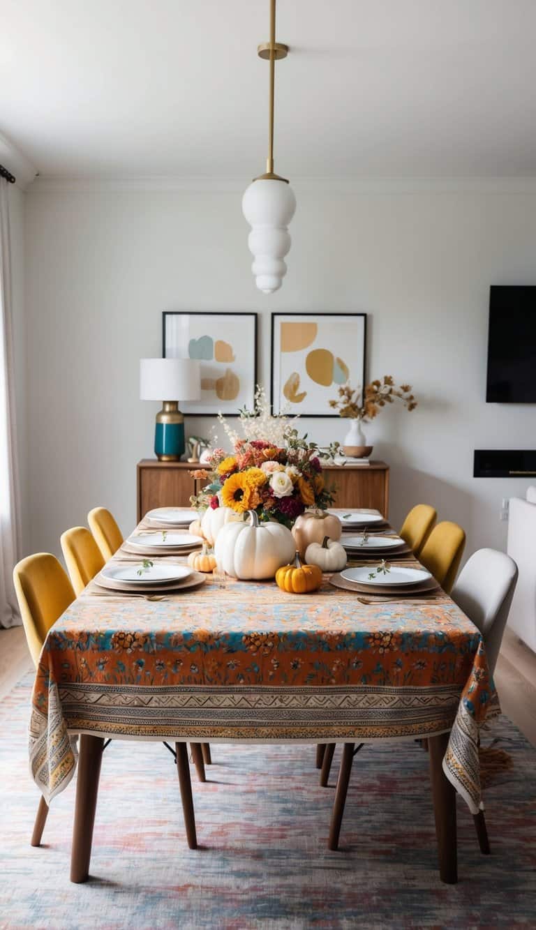A dining table with a colorful, patterned tablecloth, adorned with seasonal decor such as flowers, pumpkins, and festive centerpieces