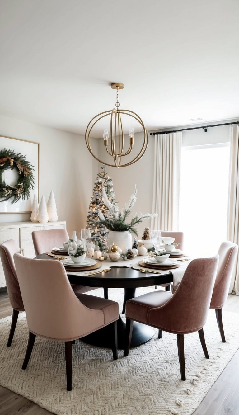 A dining room with cozy velvet chair covers, adorned with seasonal decor, creating a festive and inviting atmosphere