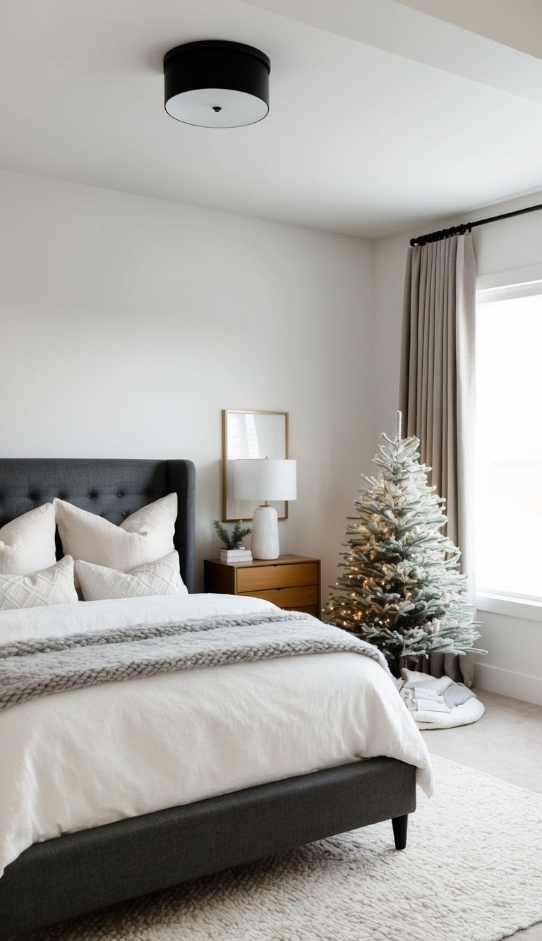 A cozy bedroom with a wintery bed and a twinkling miniature Christmas tree
